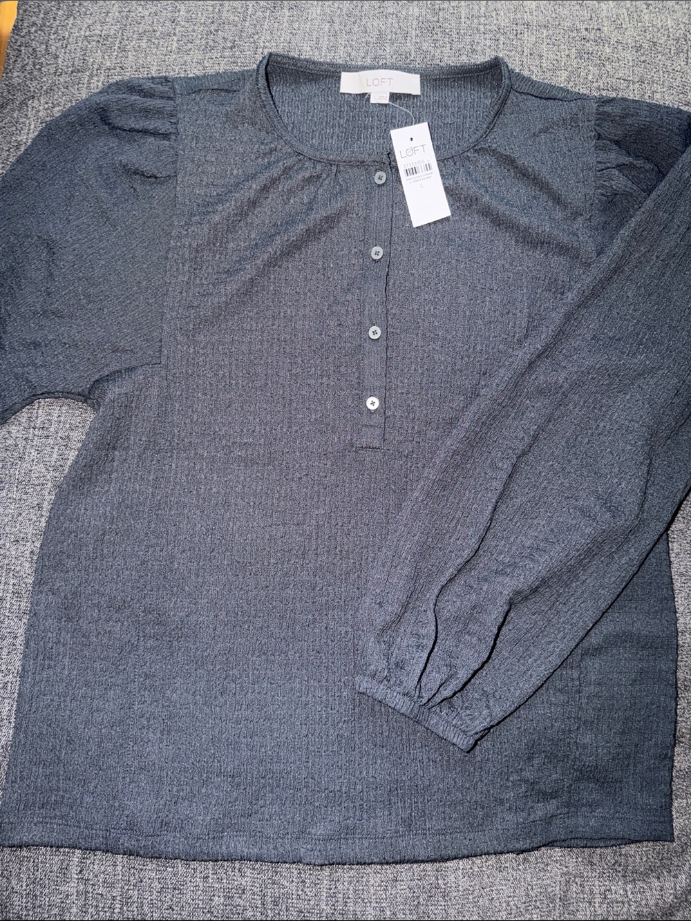 LOFT Charcoal Textured Henley Button-Down Top